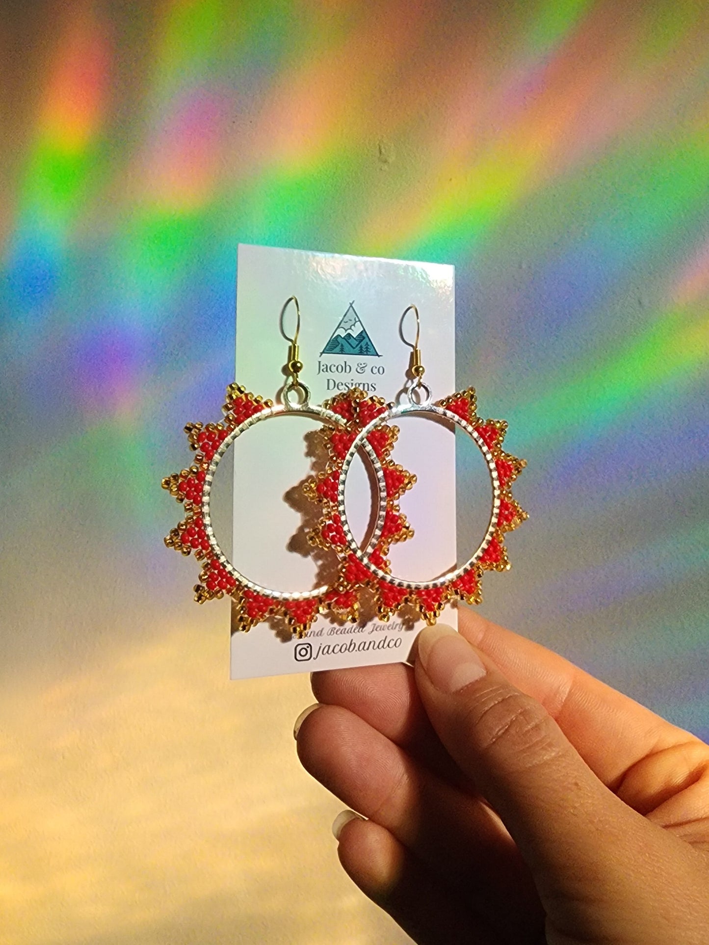 Beaded Hoop Dangles - Red & Gold