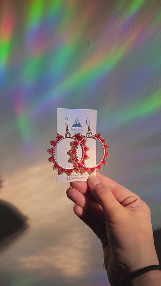 Beaded Hoop Dangles - Red & Gold